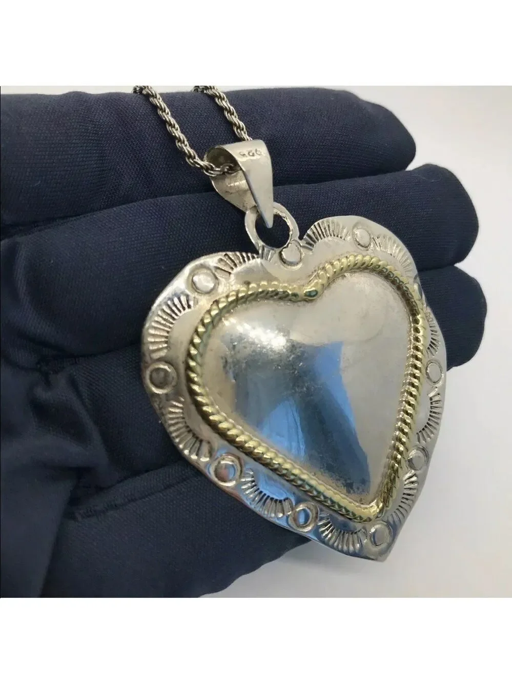 MEXICO STERLING SILVER VINTAGE HEART PENDANT BRASS WIRE DESIGN ON CHAIN …